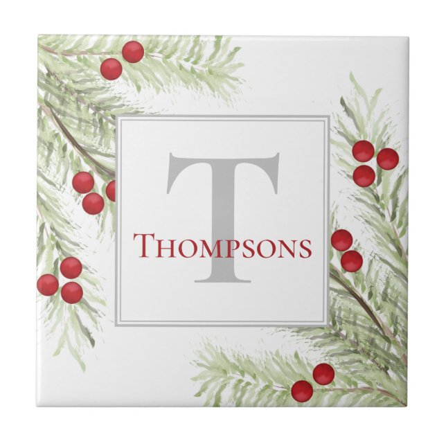 Christmas Watercolor Holly Berries Pine Greenery Tile (Front)