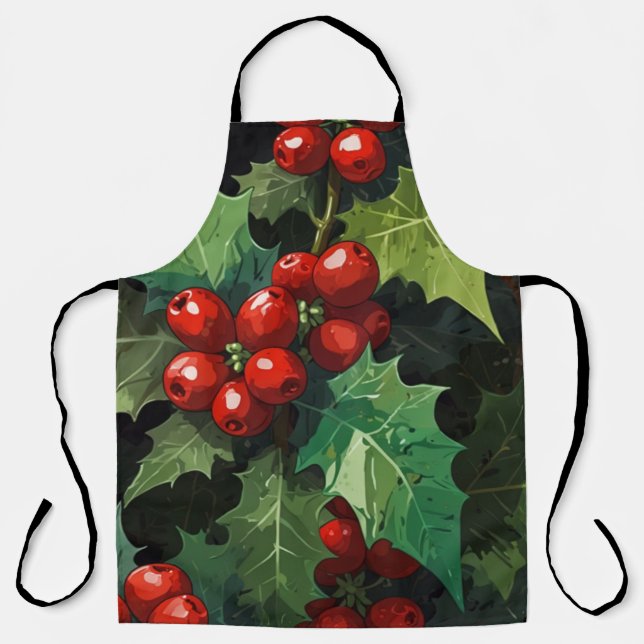 Christmas watercolor Holly berry leaves botanical  Apron (Front)