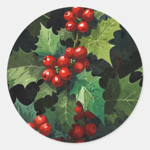 Christmas watercolor Holly berry leaves botanical  Classic Round Sticker