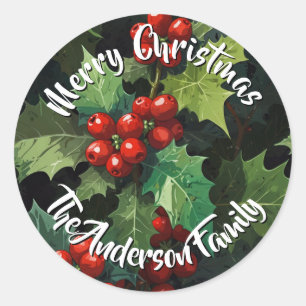 Christmas watercolor Holly berry leaves botanical  Classic Round Sticker