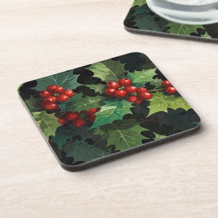 Christmas watercolor Holly berry leaves botanical Coaster