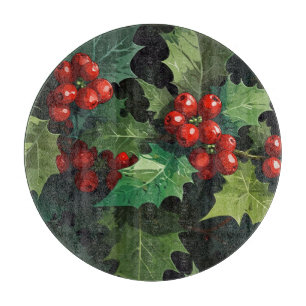 Christmas watercolor Holly berry leaves botanical  Cutting Board