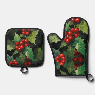 Christmas watercolor Holly berry leaves botanical Oven Mitt & Pot Holder Set