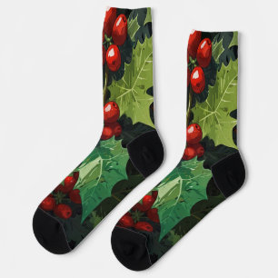 Christmas watercolor Holly berry leaves botanical  Socks