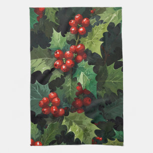 Christmas watercolor Holly berry leaves botanical Tea Towel