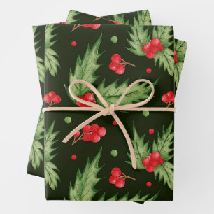 Christmas Watercolor Holly Berry with Leaves Wrapping Paper Sheet