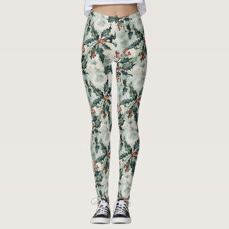 Christmas Watercolor Holly Flowers and Berries Leggings