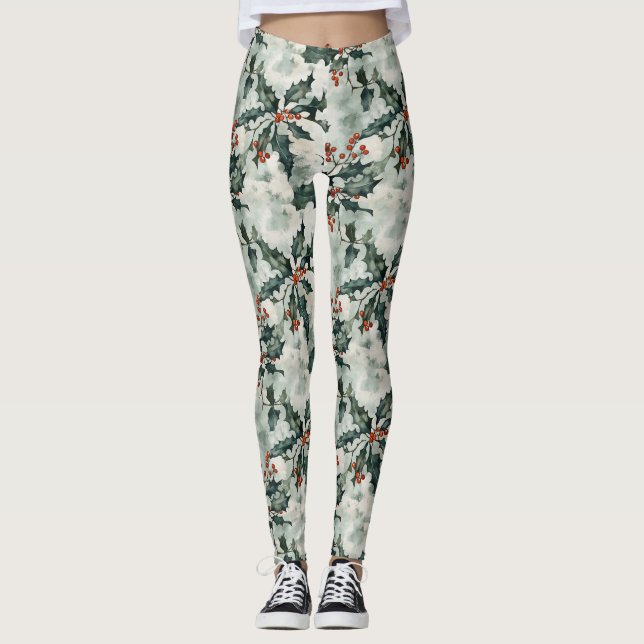Christmas Watercolor Holly Flowers and Berries Leggings (Front)