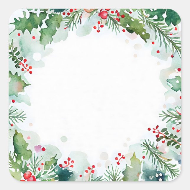 Christmas watercolor holly ivy berries and fir square sticker (Front)