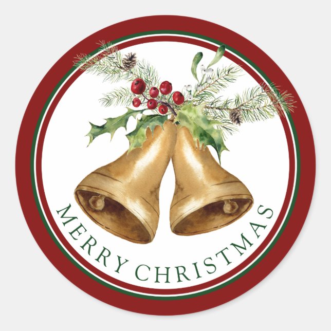 Christmas | Watercolor - Holly Mistletoe & Bells Classic Round Sticker (Front)