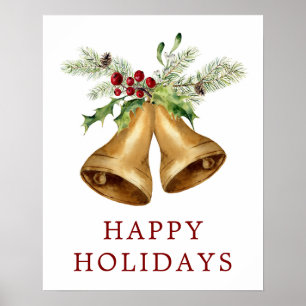 Christmas Watercolor - Holly Mistletoe & Bells Poster