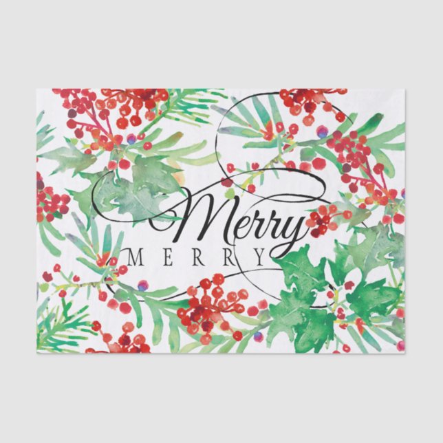 Christmas Watercolor Holly Red Green Merry Script Tissue Paper (Front)