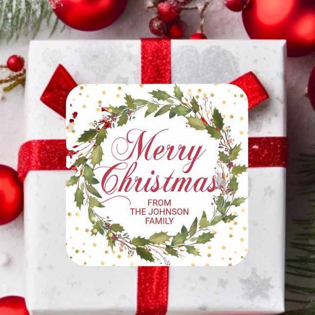 Christmas Watercolor Holly Wreath Gold Red White Square Sticker (Christmas Watercolor Holly Wreath Gold Red White Square Sticker)