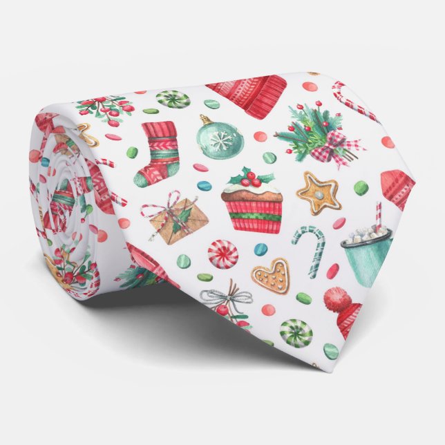 Christmas Watercolor Hot Cocoa And Sweets Tie (Rolled)