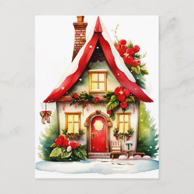 Christmas Watercolor House Postcard (Front)
