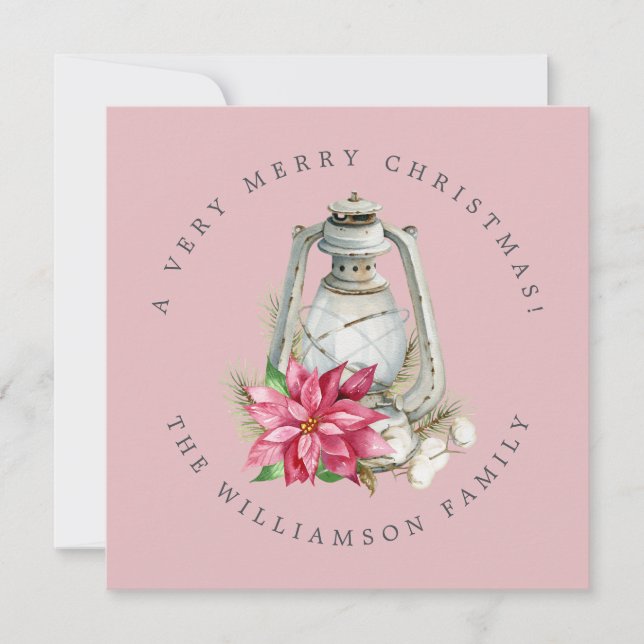 Christmas Watercolor Lantern Red Poinsetta Holiday Card (Front)