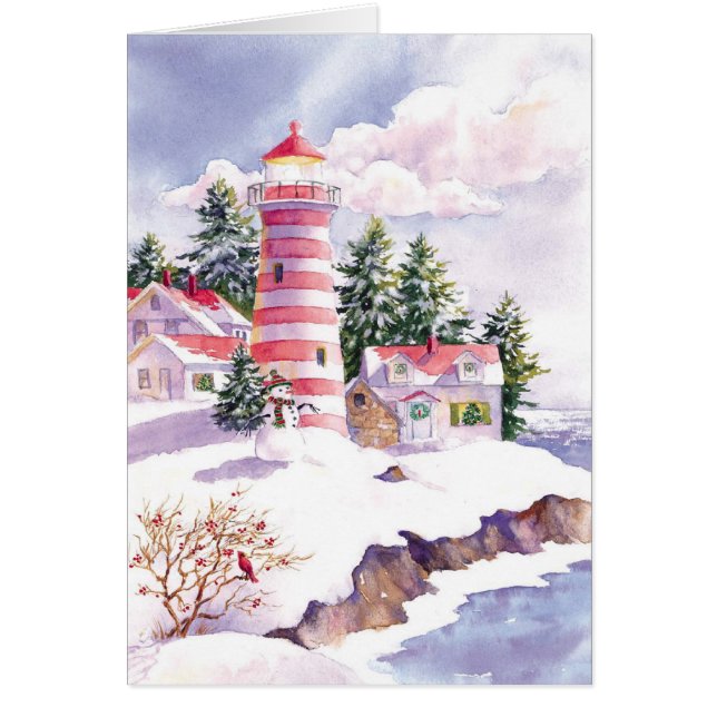 Christmas watercolor lighthouse customisable card (Front)
