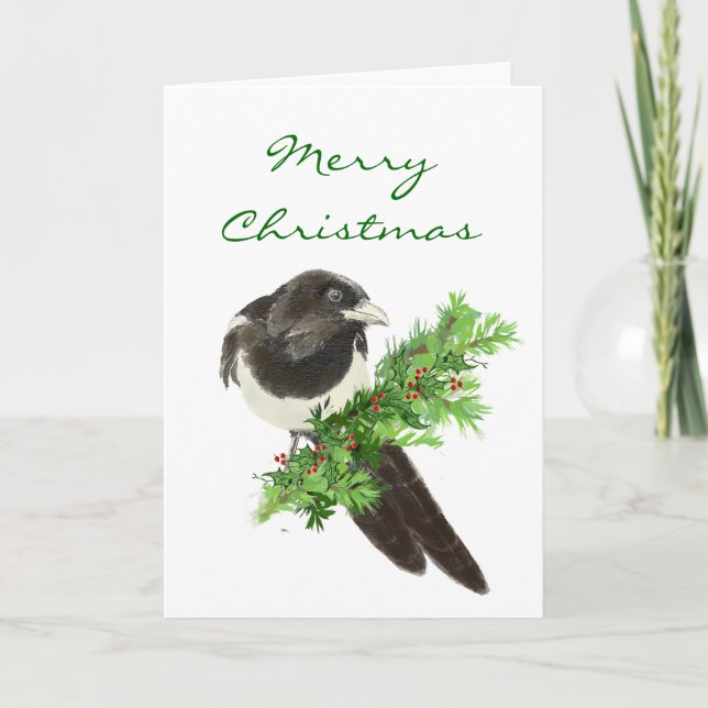 Christmas Watercolor Magpie Bird on Pine Branch Holiday Card (Front)