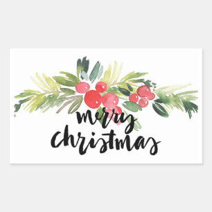 Christmas   Watercolor - Merry Christmas Holly Rectangular Sticker