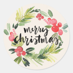 Christmas Watercolor - Merry Christmas Wreath Classic Round Sticker