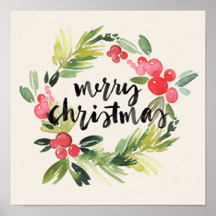 Christmas   Watercolor - Merry Christmas Wreath Poster