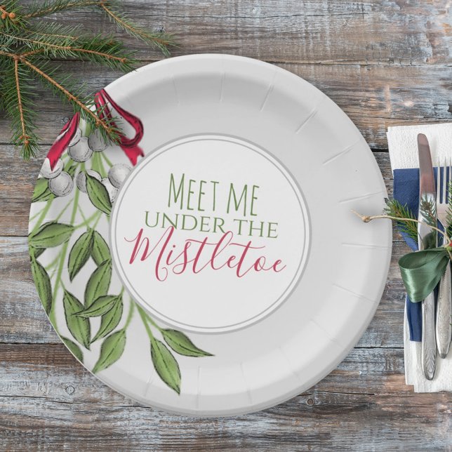 Christmas Watercolor Modern Rustic Mistletoe Grey Paper Plate (Creator Uploaded)