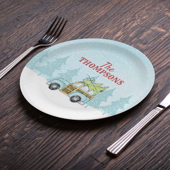 Christmas Watercolor Modern Rustic Nostalgic Car Paper Plate (Cute whimsical Christmas tree and Woodie wagon car winter scene paper plate. )