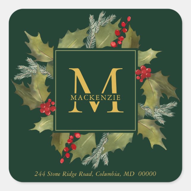 Christmas Watercolor Monogram Holly Wreath Green Square Sticker (Front)