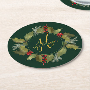 Christmas Watercolor Monogram Script Holly Wreath Round Paper Coaster