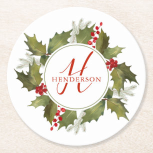 Christmas Watercolor Monogram Script Holly Wreath Round Paper Coaster