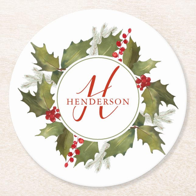 Christmas Watercolor Monogram Script Holly Wreath Round Paper Coaster (Front)
