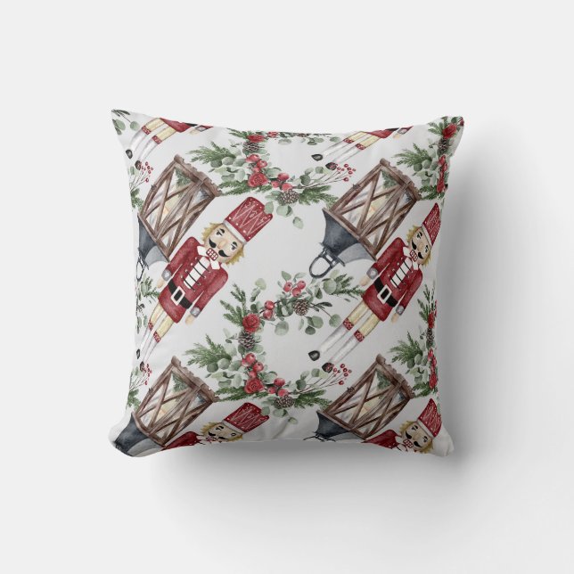 Christmas Watercolor Nutcracker Lantern Pattern Cushion (Front)