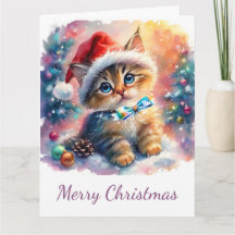 Christmas Watercolor of Precious Kitten with Bow