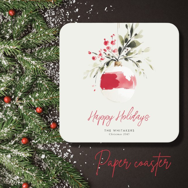 Christmas Watercolor Ornament Personalized Name Square Paper Coaster (Elegant, modern touch for your holiday table. Customize greeting, name, and year.)