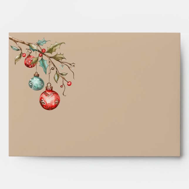 Christmas Watercolor Ornaments Beige Envelope (Front)