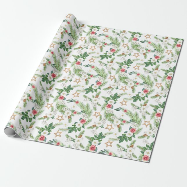 Christmas Watercolor Pine Branch Mistletoe Wrapping Paper (Unrolled)