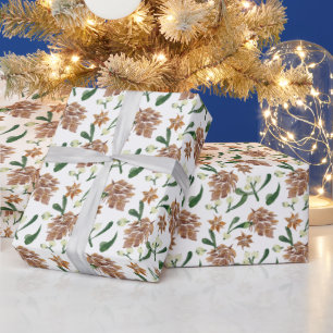 Christmas Watercolor Pine Cones Branch  Holiday Wrapping Paper