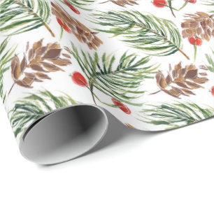 Christmas Watercolor Pine Cones Branch  Holiday Wrapping Paper