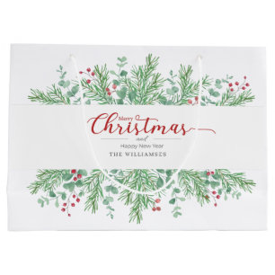 Christmas Watercolor Pine Eucalypt Holly Gift Bag