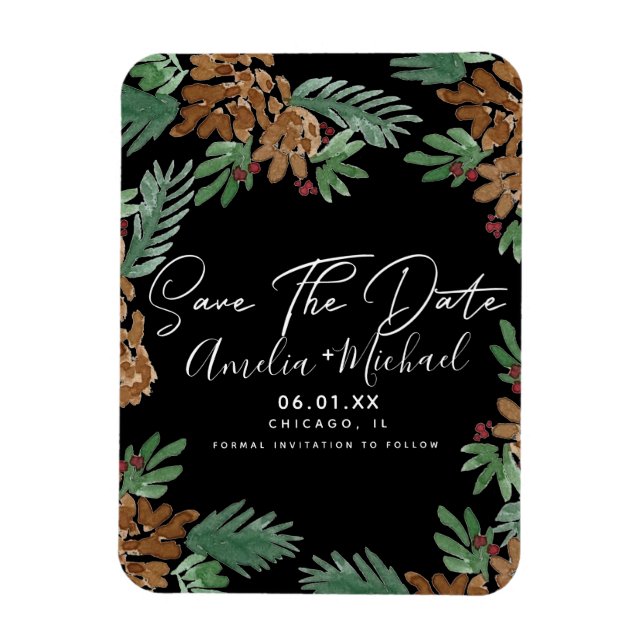 Christmas Watercolor Pinecones Black Save the Date Magnet (Vertical)