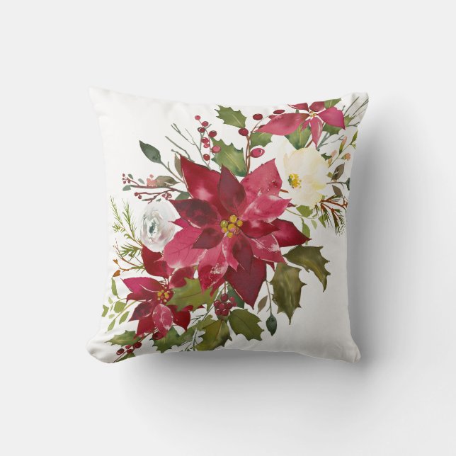 Christmas Watercolor Poinsettia Cushion (Front)