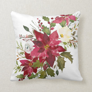 Christmas Watercolor Poinsettia Cushion