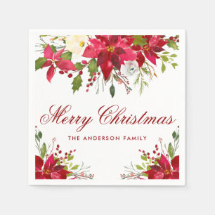 Christmas Watercolor Poinsettia Floral Red Names Napkin