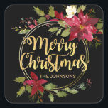 Christmas Watercolor Poinsettia Gold Red Black Square Sticker<br><div class="desc">Elegant Merry Christmas holiday greeting floral poinsettia stickers. Red,  black and faux gold glitter colours.  Personalise them by adding your name.  Perfect for cards,  invitations,  gifts,  envelopes, ... .</div>