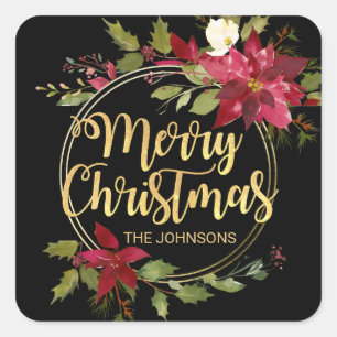 Christmas Watercolor Poinsettia Gold Red Black Square Sticker
