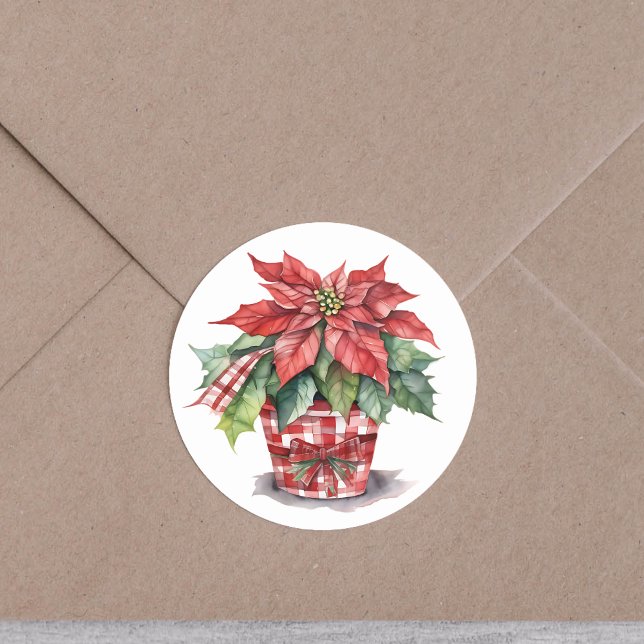 Christmas Watercolor Poinsettia Holiday Classic Round Sticker (Creator Uploaded)