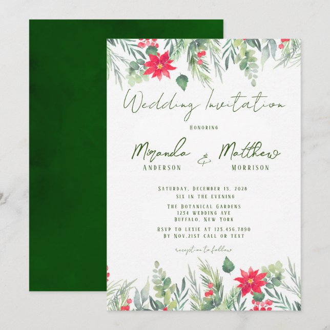 Christmas Watercolor Poinsettia Leaf Wedding Invitation (Front/Back)