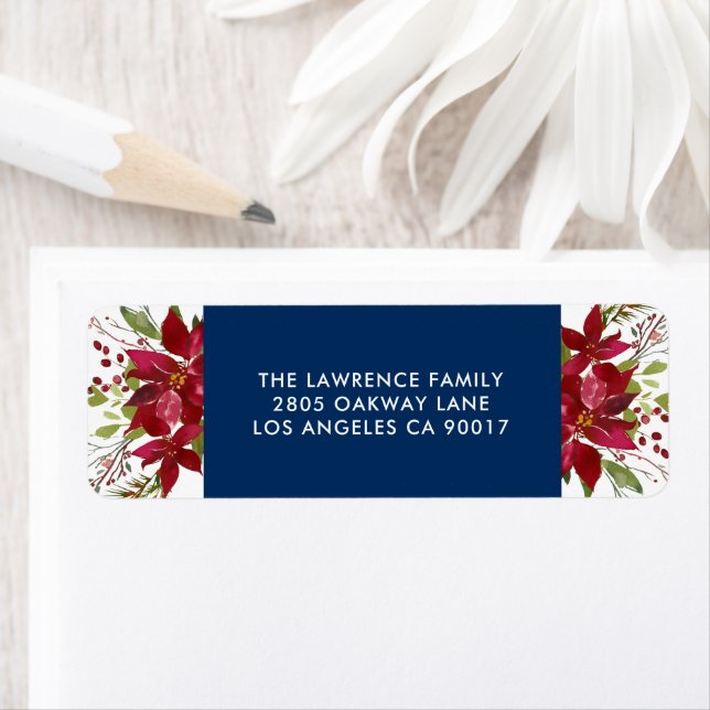 Christmas Watercolor Poinsettia Navy Blue Address (Insitu)