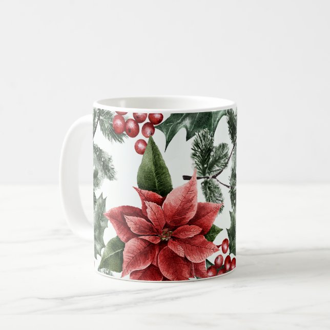 Christmas Watercolor Poinsettia Pattern Coffee Mug (Front Left)