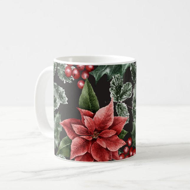 Christmas Watercolor Poinsettia Pattern Coffee Mug (Front Left)